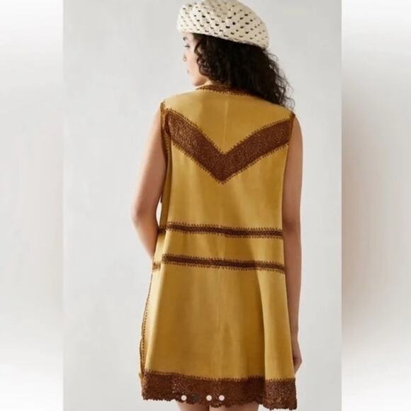 Free People Adeline Goat Suede Crochet Retro Boho Mini Dress Tan/Brown Size M - Picture 6 of 14